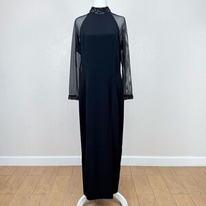 Vintage Black Tie Oleg Cassini Dress w/ Sheer Long Sleeves Beaded Detail Maxi